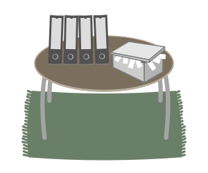 Digi-Bel für Aufsteiger, zeigt einen Tisch mit Pendelordnern und Schuhschachtel mit Belegen